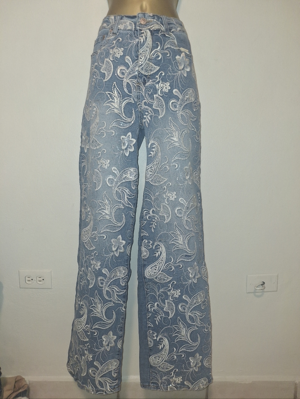 High-Rise Blue Embroidered Wide-Leg Jeans